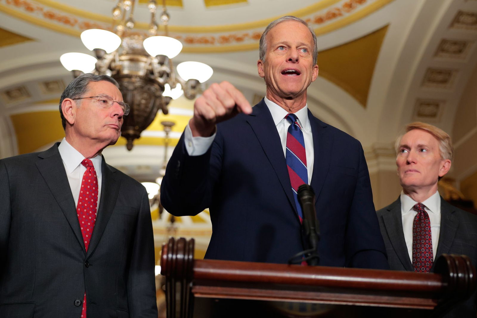 <i>Heather Diehl/Getty Images via CNN Newsource</i><br/>Senate Majority Leader John Thune (R-SD) (C)