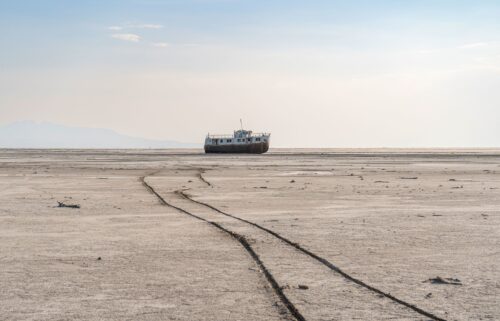 A ship rests on the dry bed of Lake Urmia Lake in October 2024.