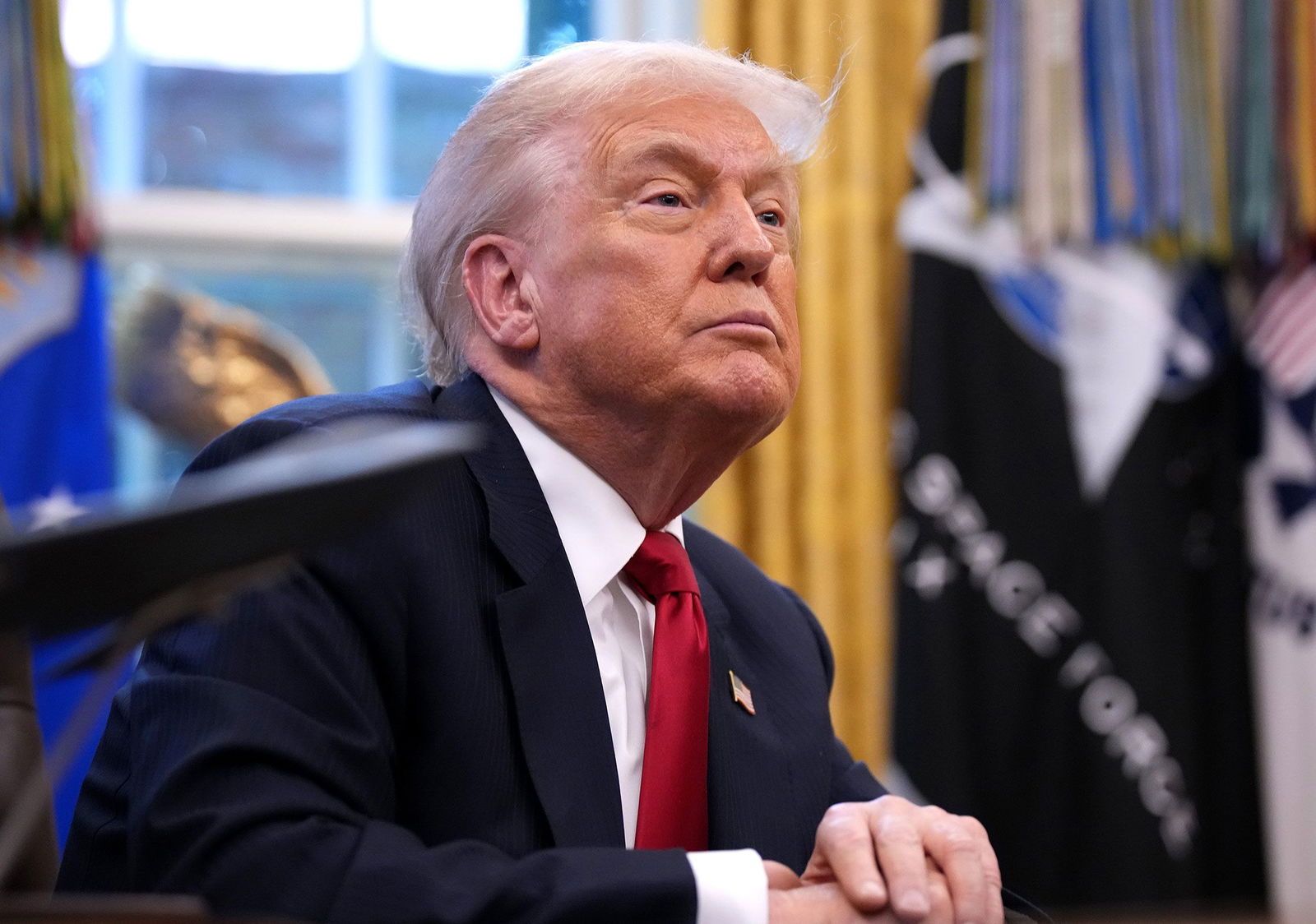 <i>Andrew Harnik/Getty Images/File via CNN Newsource</i><br/>President Donald Trump delivers remarks in the Oval Office of the White House on November 21