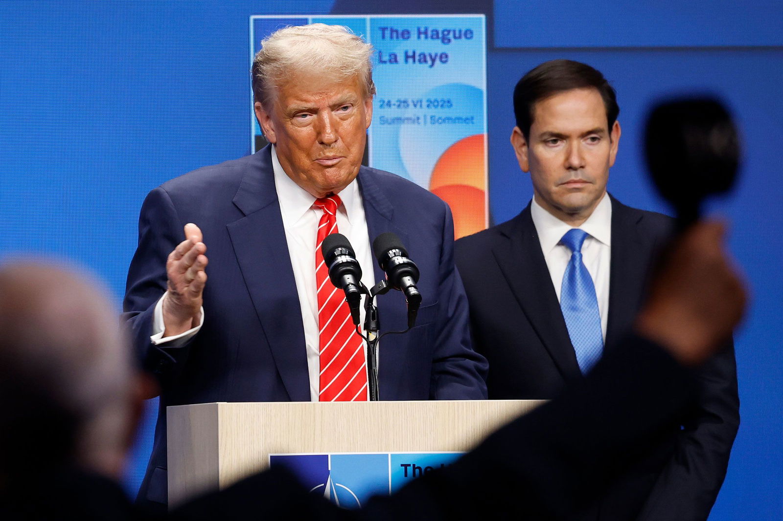 <i>Omar Havana/Getty Images/File via CNN Newsource</i><br/>President Donald Trump attendsa a news conference with Secretary of State Marco Rubio