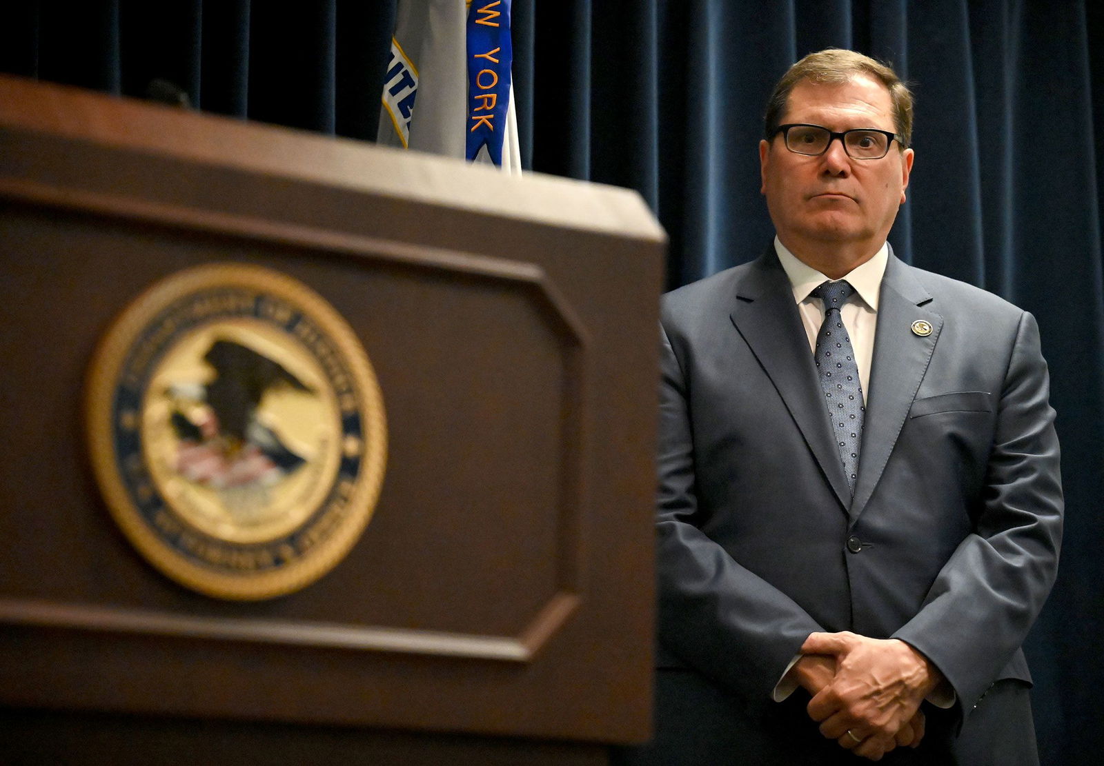 <i>Will Waldron/Albany Times Union/Getty Images/File via CNN Newsource</i><br/>US Attorney for the Northern District of New York John Sarcone attends a news conference at the James T. Foley Federal Courthouse in Albany